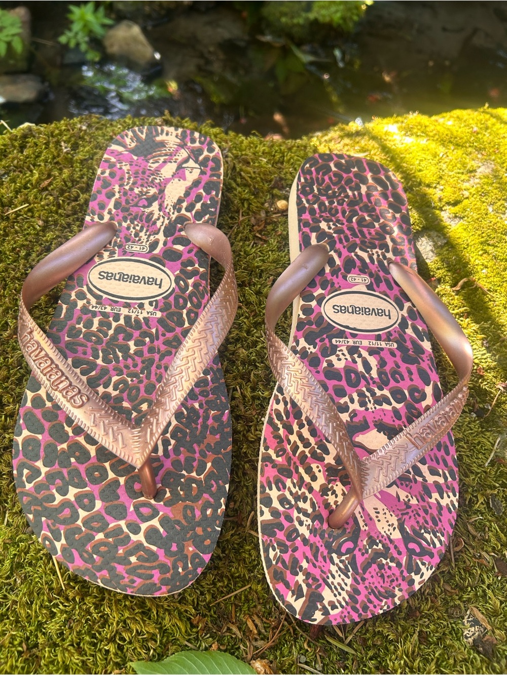 Havaianas Leopard Print Flip Flops with Metallic Rose Straps